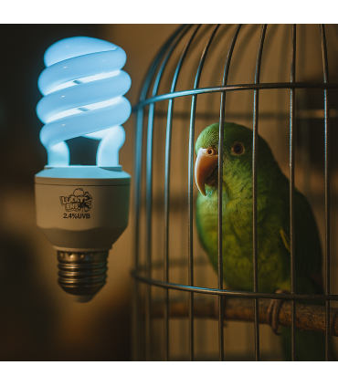 لامپ UV-B پرندگان لاکی هرپ روشن در کنار قفس طوطی – نور فرابنفش برای سلامت و ویتامین D پرندگان